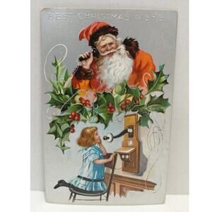 Antique Christmas Postcard Santa Claus Talking on Telephone Divided Embossed